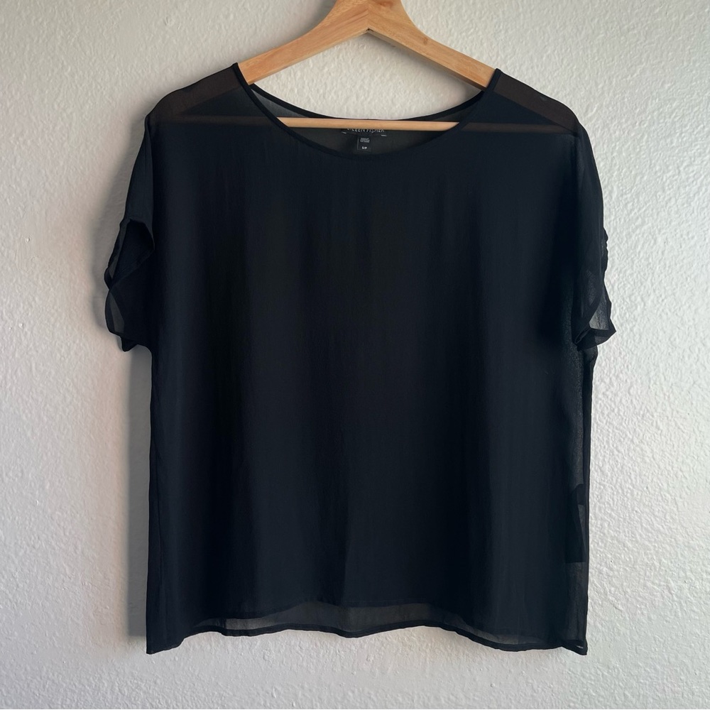 Eileen Fisher Black Sheer Short Sleeve Blouse